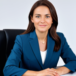 ** A professional businesswoman in a modest business suit, sitting at a desk in a modern office, fully clothed, appropriate attire, safe for work, perfect anatomy, natural proportions, professional photography, high quality, family-friendly.

**
