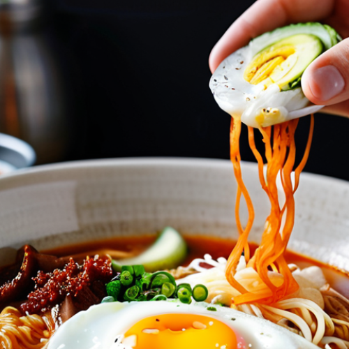 Home 6 Korean Ramen Exploration**
"A close-up shot of a bowl of Korean ramen, featuring vibrant red broth, visible noodles, and toppings like kimchi and a soft-boiled egg. The scene is brightly lit with steam rising from the bowl. Background is blurred to focus on the ramen itself. fully clothed, appropriate content, safe for work, perfect anatomy, natural proportions, professional food photography, high quality."
**