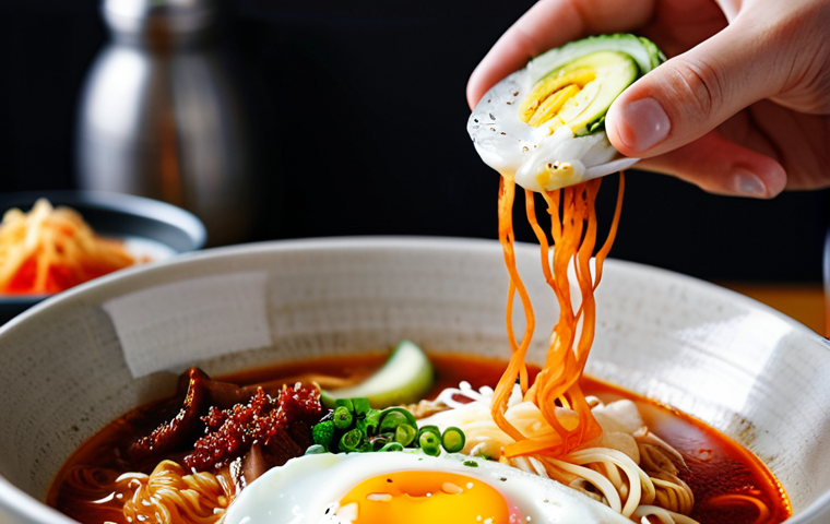 Korean Ramen Exploration**
"A close-up shot of a bowl of Korean ramen, featuring vibrant red broth, visible noodles, and toppings like kimchi and a soft-boiled egg. The scene is brightly lit with steam rising from the bowl. Background is blurred to focus on the ramen itself. fully clothed, appropriate content, safe for work, perfect anatomy, natural proportions, professional food photography, high quality."
**